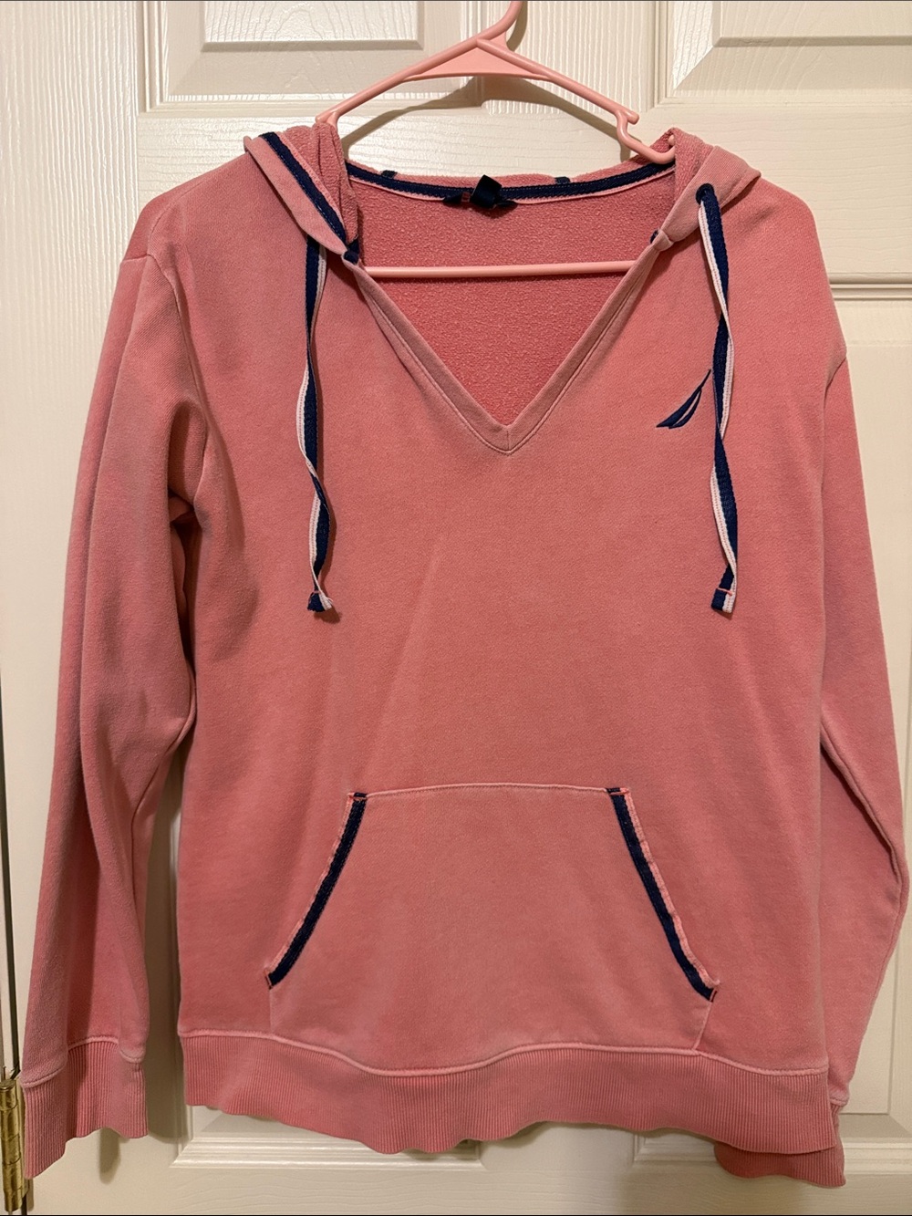 Nautica Dusty Rose V-Neck Hooded Pullover with Navy Trim